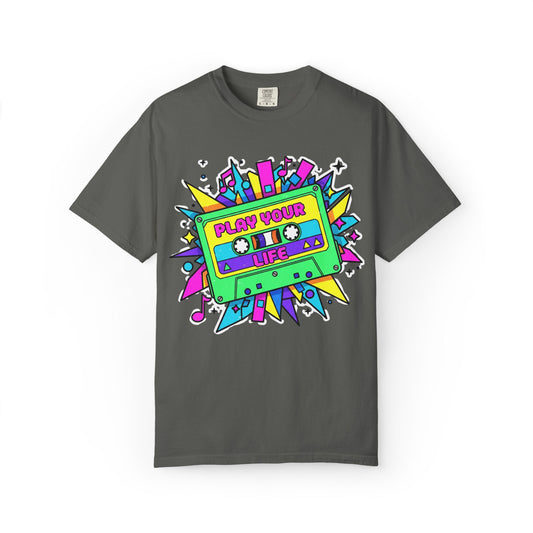 Play Your Life cassette tape T-Shirt | Retro 80s neon music graphic