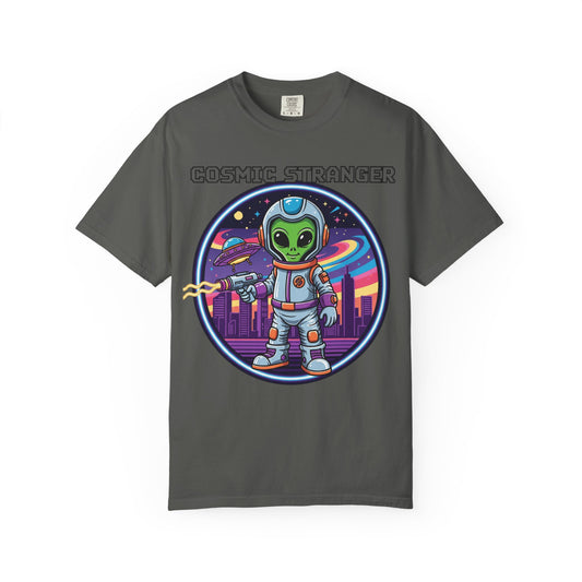 Cosmic Stranger Alien Astronaut T-shirt | Retro Neon Space Illustration