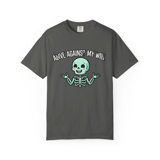 Alive Against My Will skeleton graphic tee | Cute spooky skull t-shirt