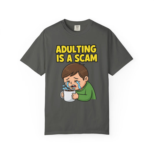 Adulting Is A Scam T-shirt | Crying Kid Coffee Cartoon Tee