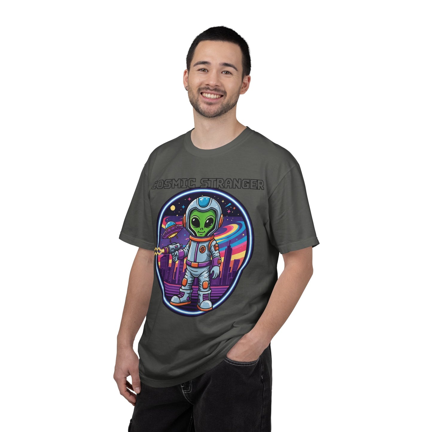 Cosmic Stranger Alien Astronaut T-shirt | Retro Neon Space Illustration