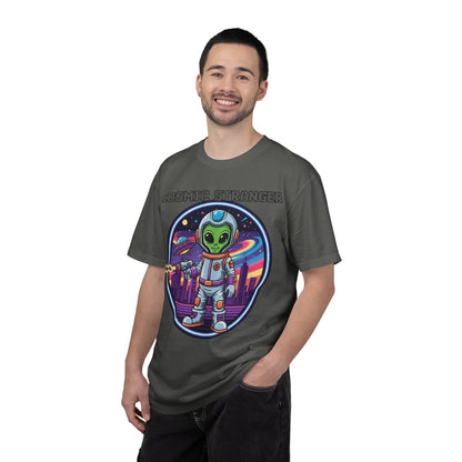 Cosmic Stranger Alien Astronaut T-shirt | Retro Neon Space Illustration