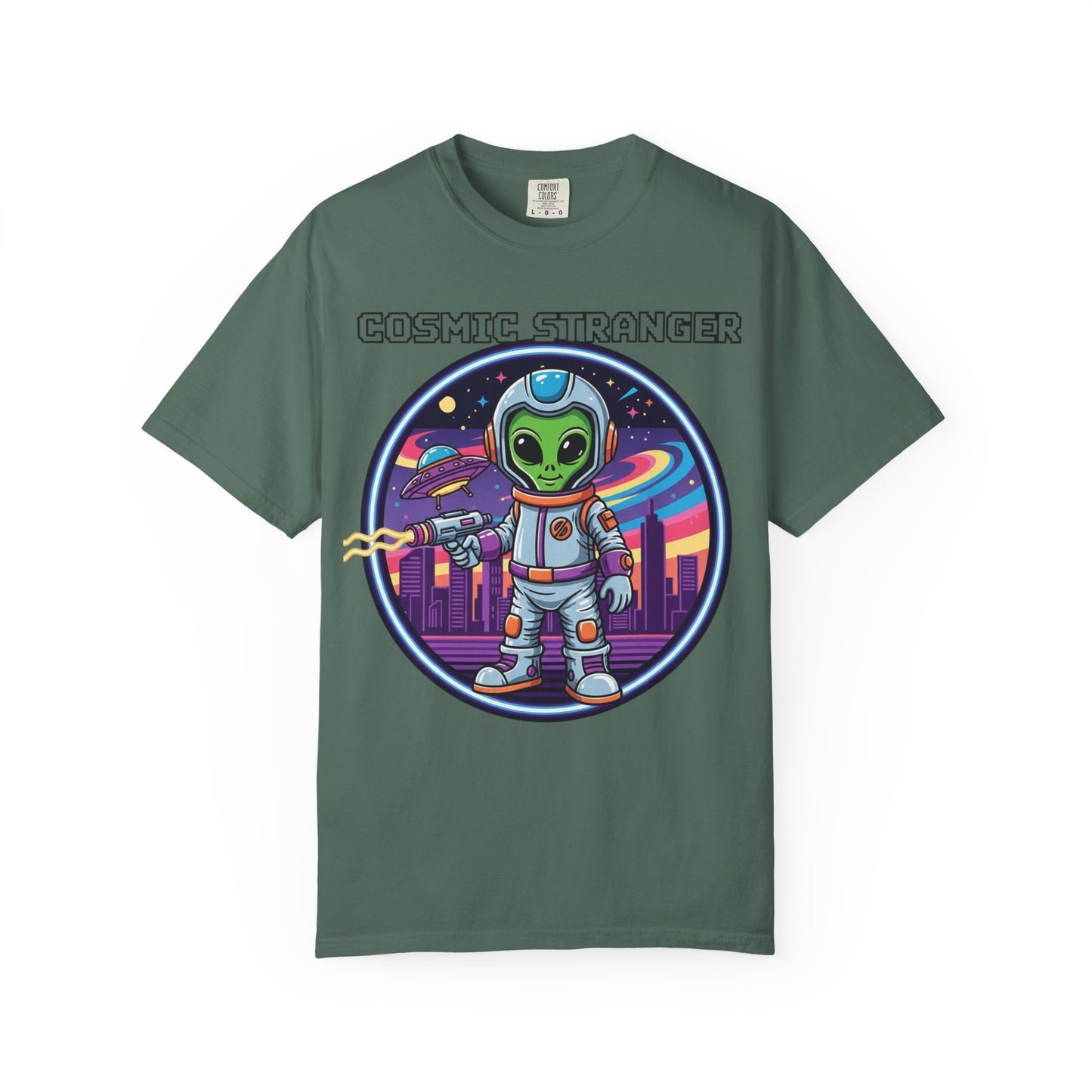 Cosmic Stranger Alien Astronaut T-shirt | Retro Neon Space Illustration