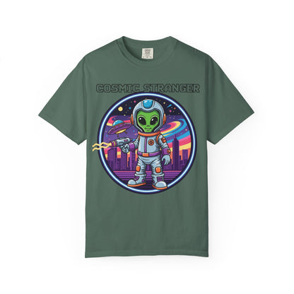Cosmic Stranger Alien Astronaut T-shirt | Retro Neon Space Illustration