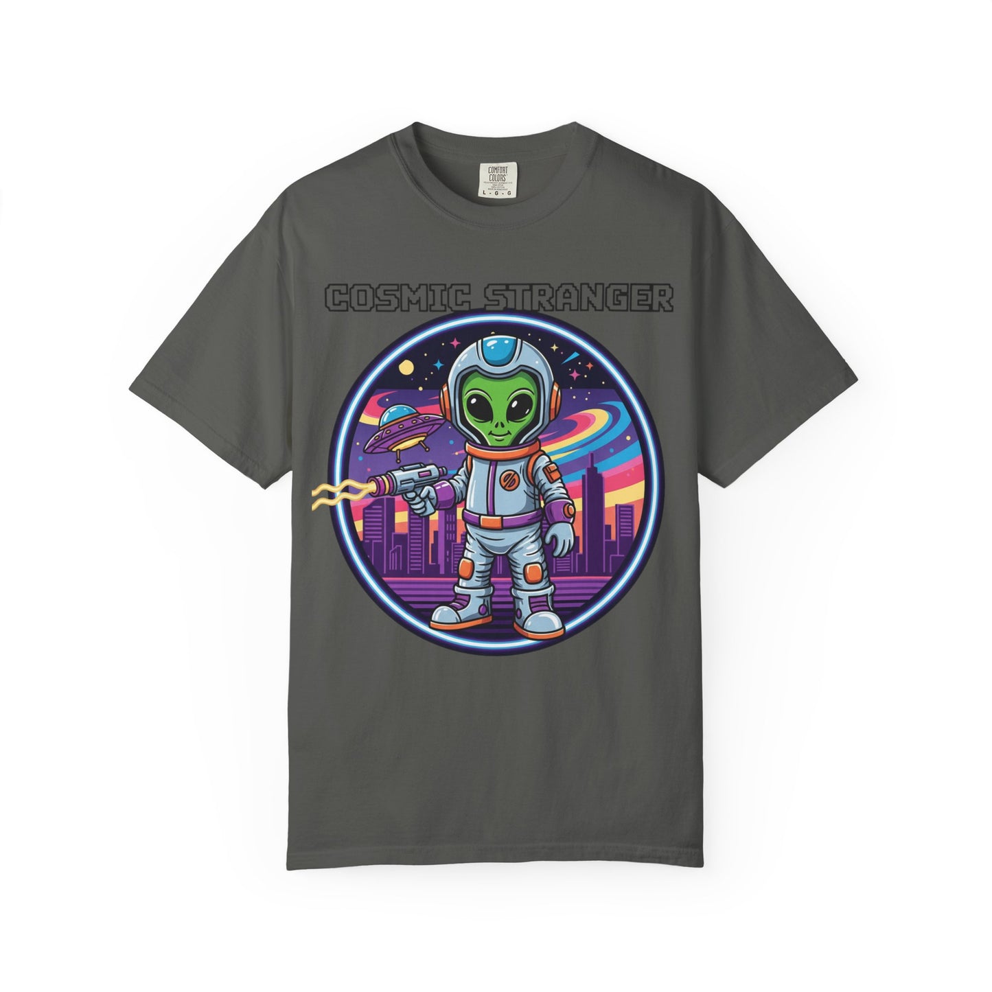 Cosmic Stranger Alien Astronaut T-shirt | Retro Neon Space Illustration