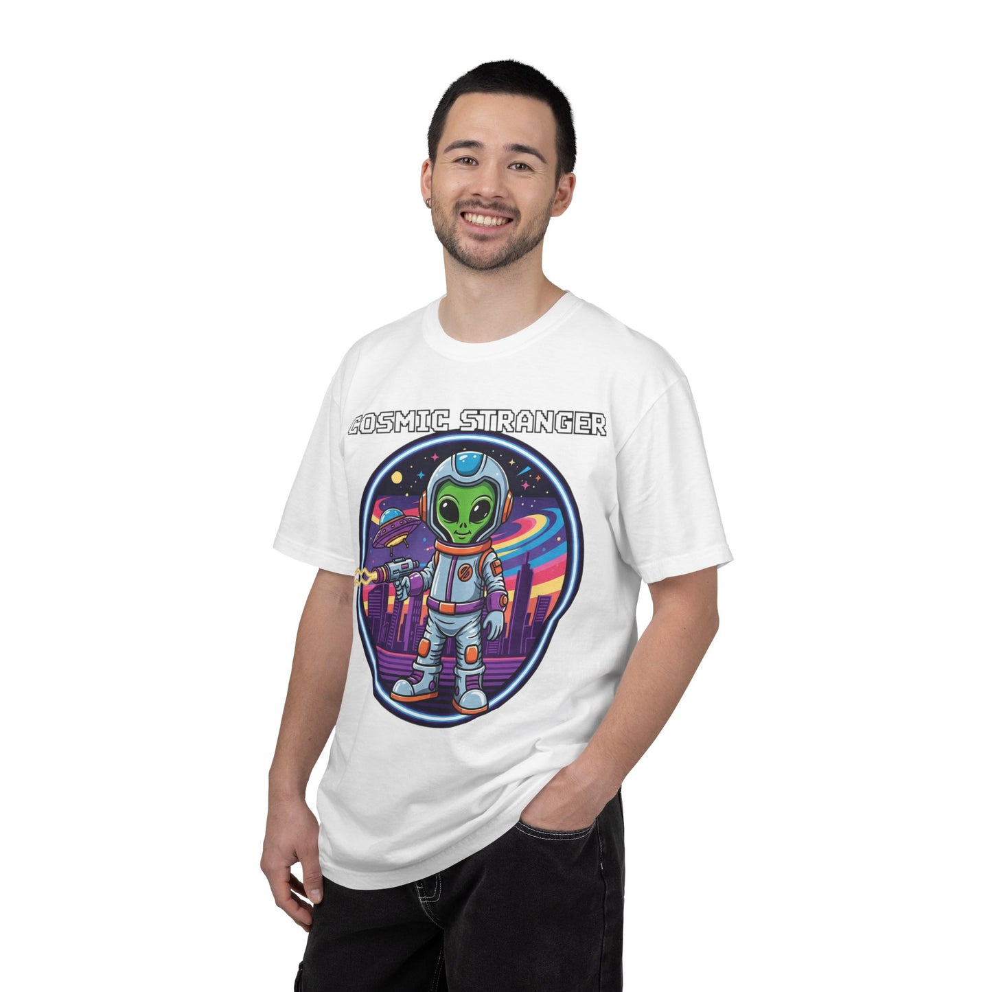 Cosmic Stranger Alien Astronaut T-shirt | Retro Neon Space Illustration