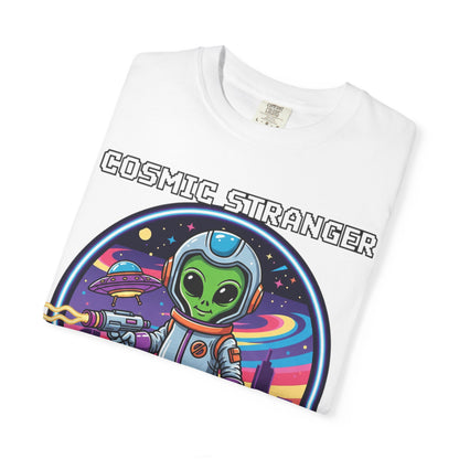 Cosmic Stranger Alien Astronaut T-shirt | Retro Neon Space Illustration