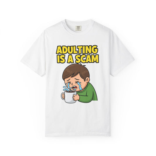 Adulting Is A Scam T-shirt | Crying Kid Coffee Cartoon Tee