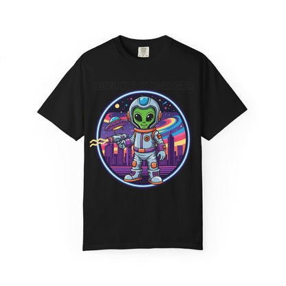 Cosmic Stranger Alien Astronaut T-shirt | Retro Neon Space Illustration