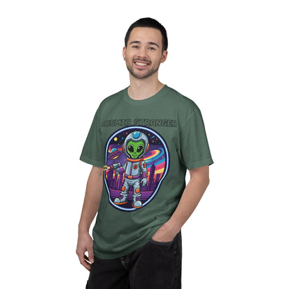 Cosmic Stranger Alien Astronaut T-shirt | Retro Neon Space Illustration