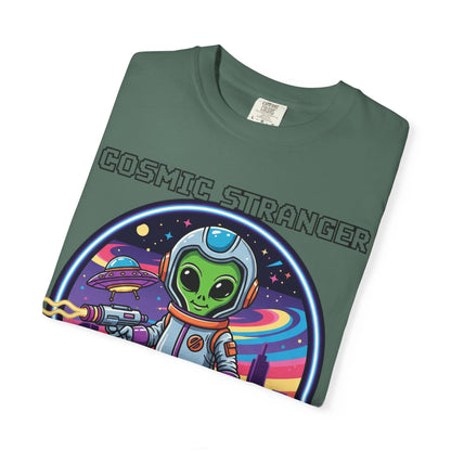 Cosmic Stranger Alien Astronaut T-shirt | Retro Neon Space Illustration