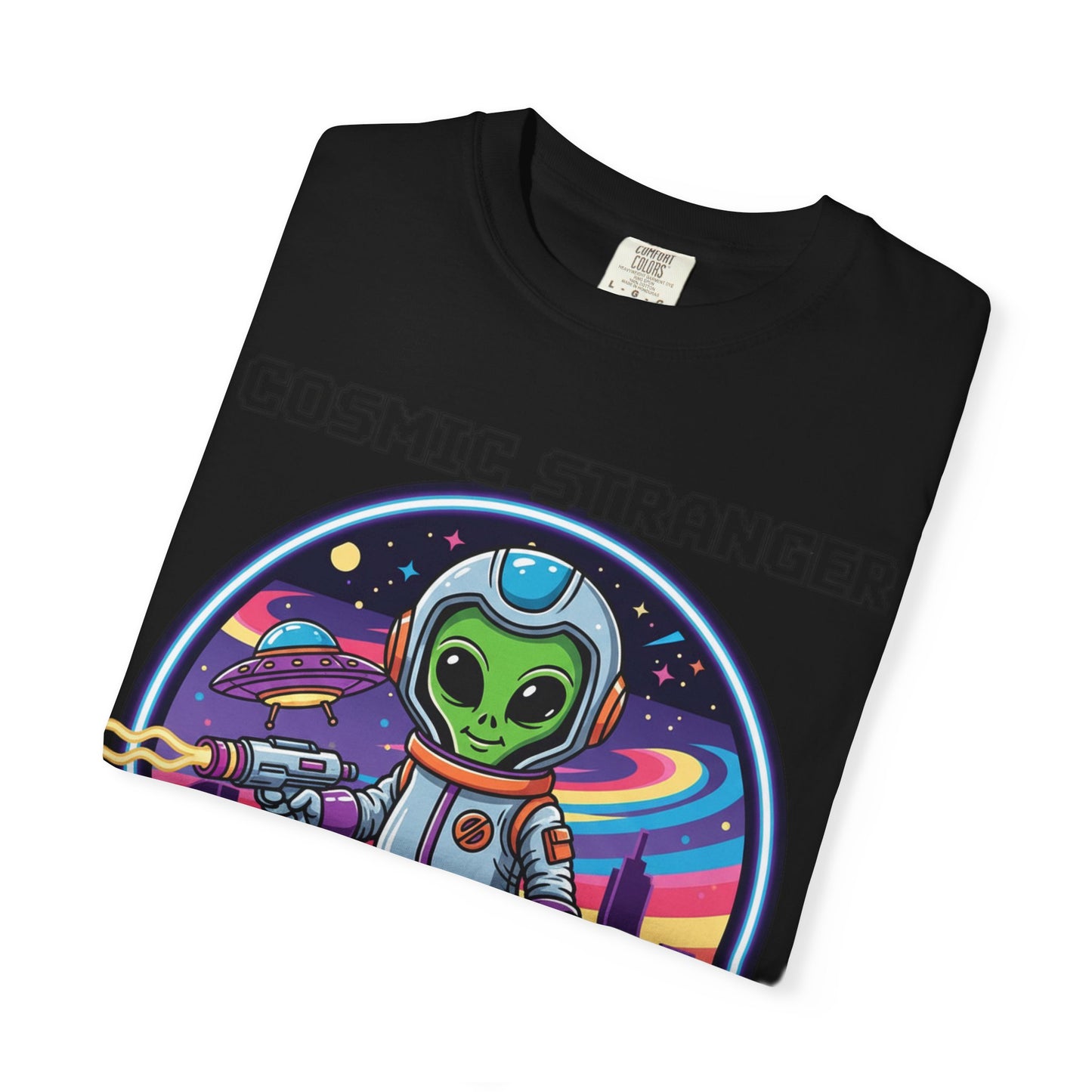 Cosmic Stranger Alien Astronaut T-shirt | Retro Neon Space Illustration