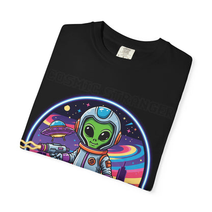 Cosmic Stranger Alien Astronaut T-shirt | Retro Neon Space Illustration