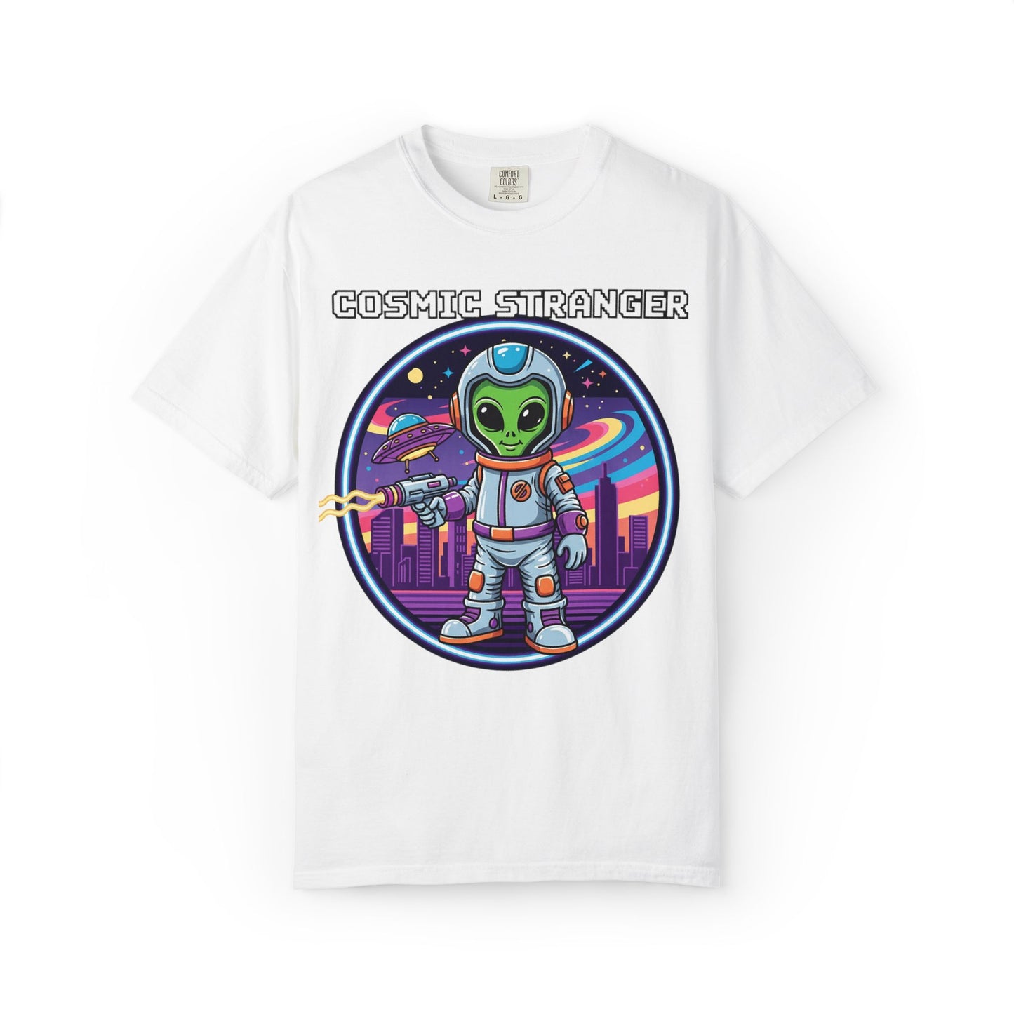 Cosmic Stranger Alien Astronaut T-shirt | Retro Neon Space Illustration