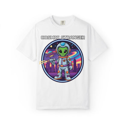 Cosmic Stranger Alien Astronaut T-shirt | Retro Neon Space Illustration