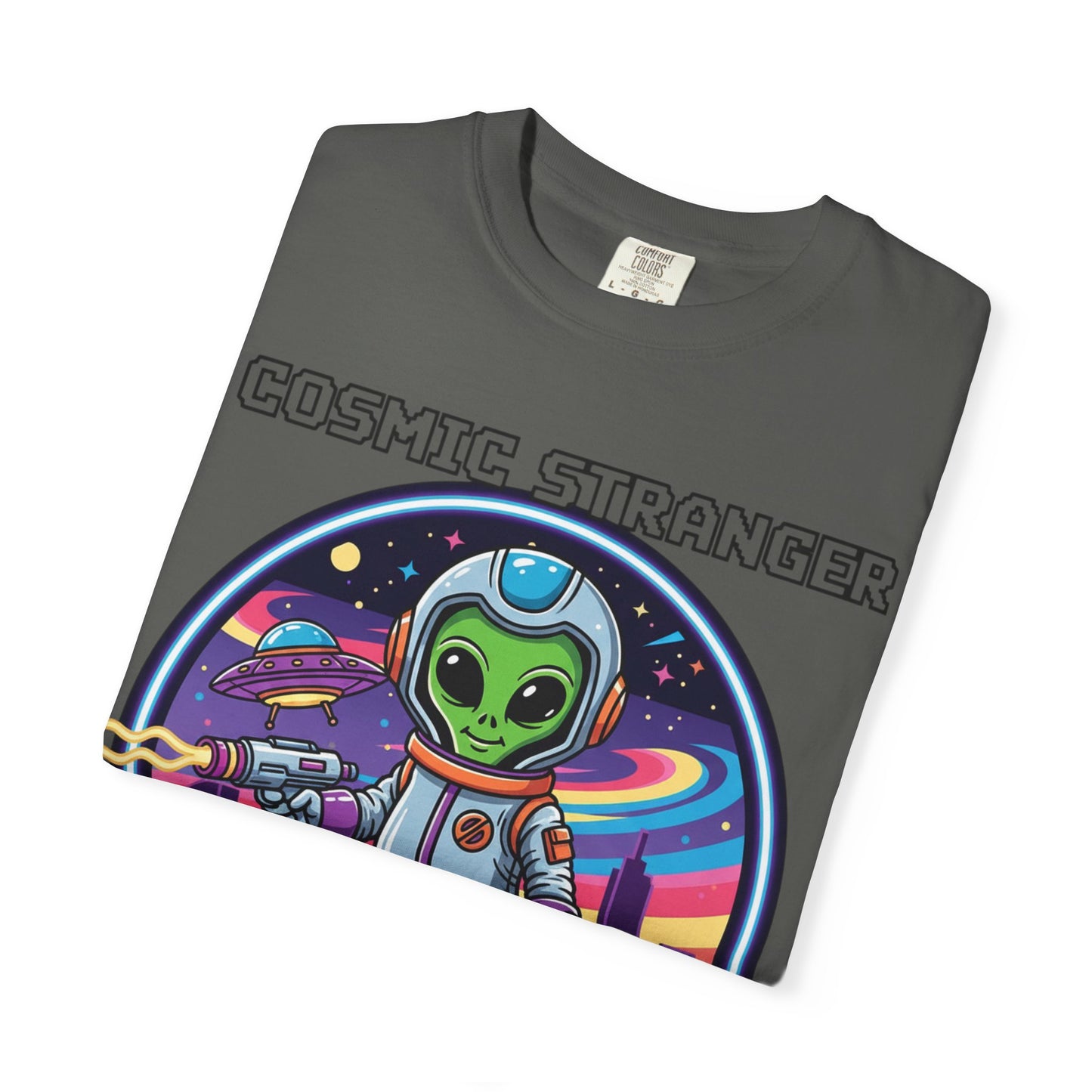 Cosmic Stranger Alien Astronaut T-shirt | Retro Neon Space Illustration