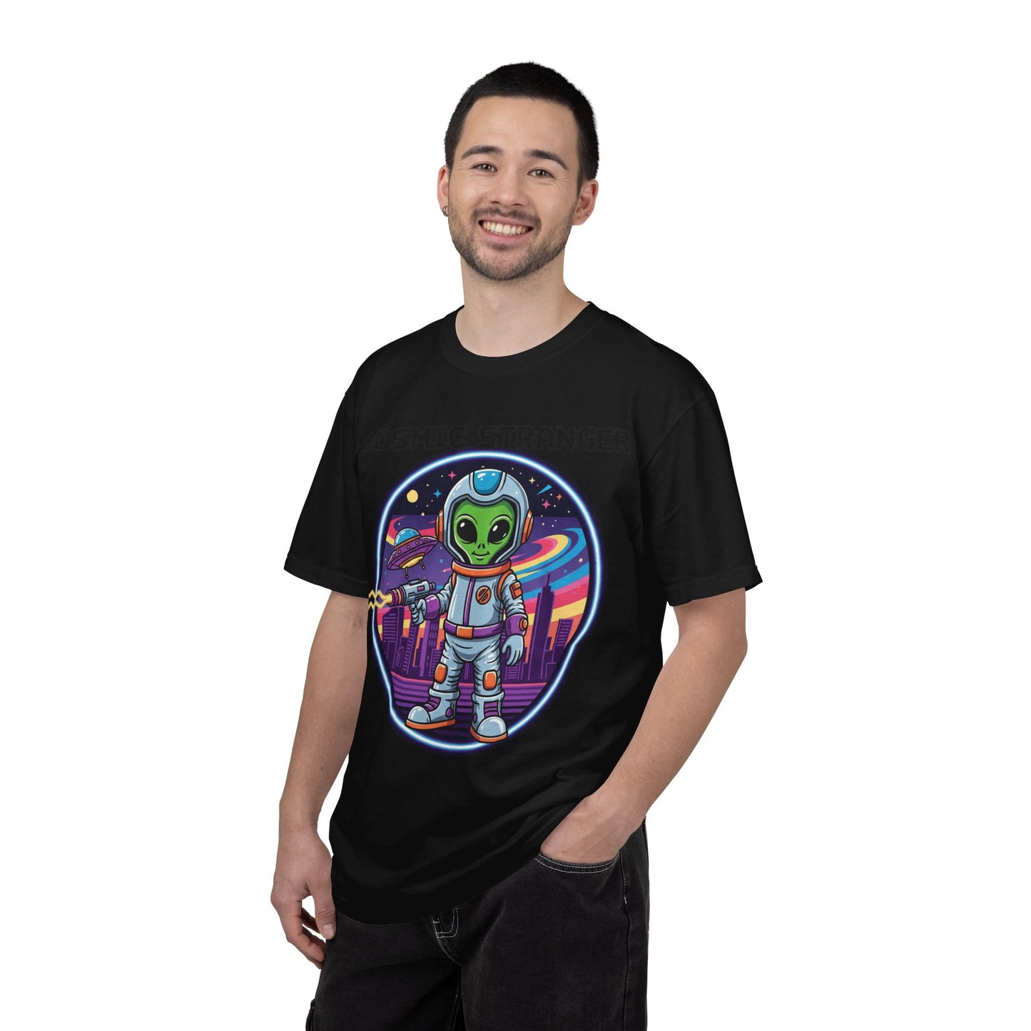 Cosmic Stranger Alien Astronaut T-shirt | Retro Neon Space Illustration